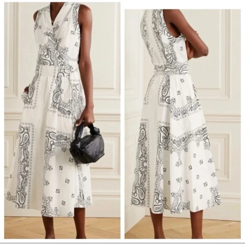 Torri Burch White Paisley Midi Wrap Dress 8 Sleeveless V Neck Pockets